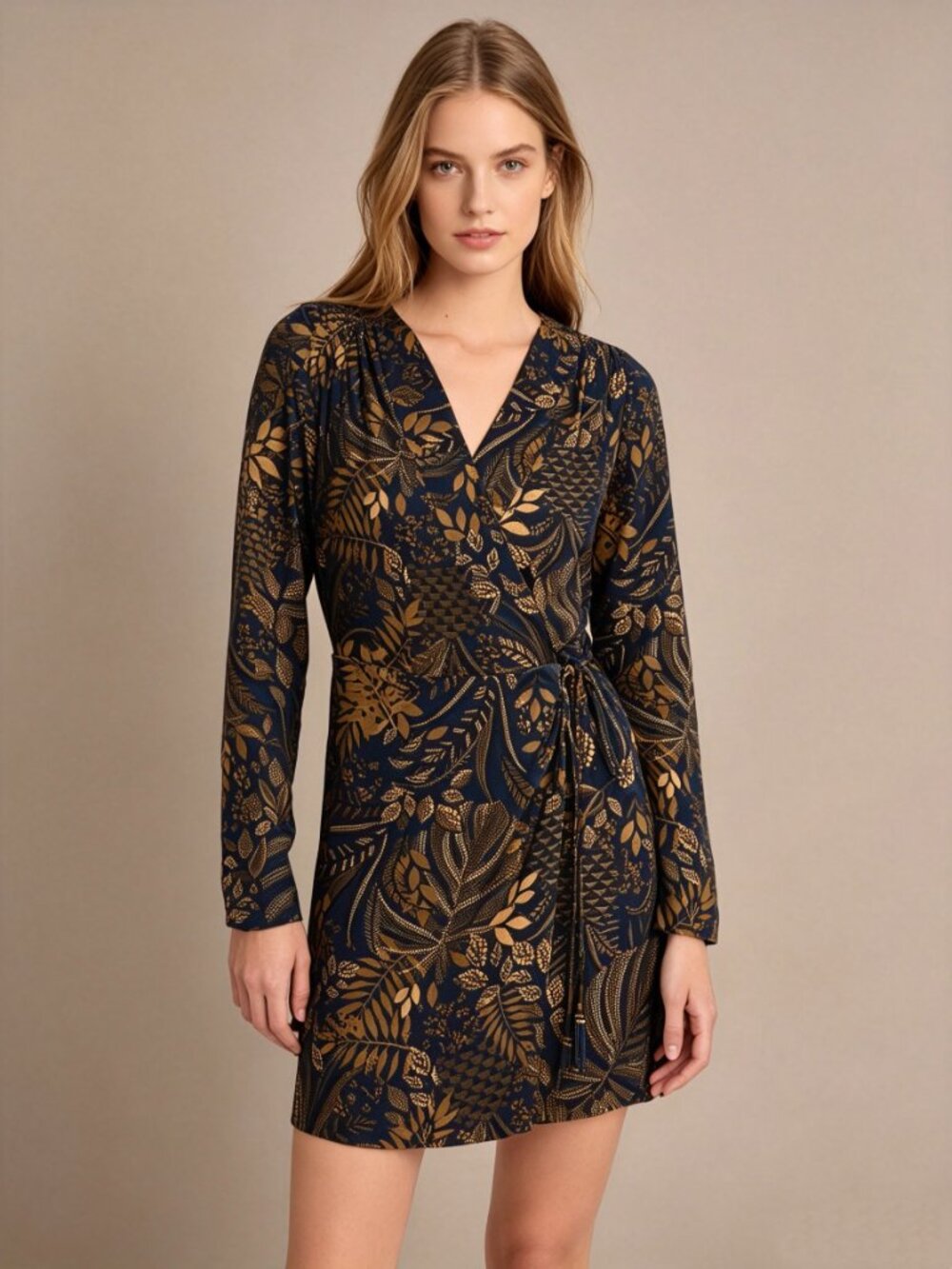 NWT Farm Rio Gold Blue Floral Forest Wrap Mini Dress Long Sleeve Size S